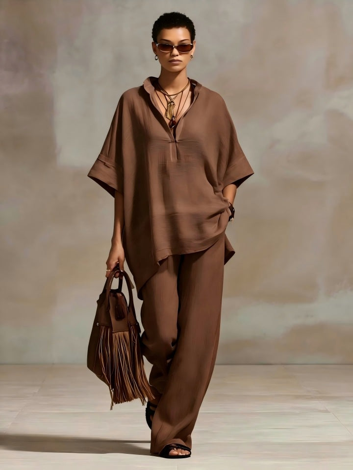 2 Piece Summer Set Loose V Neck Batwing Top & Wide Leg Pants