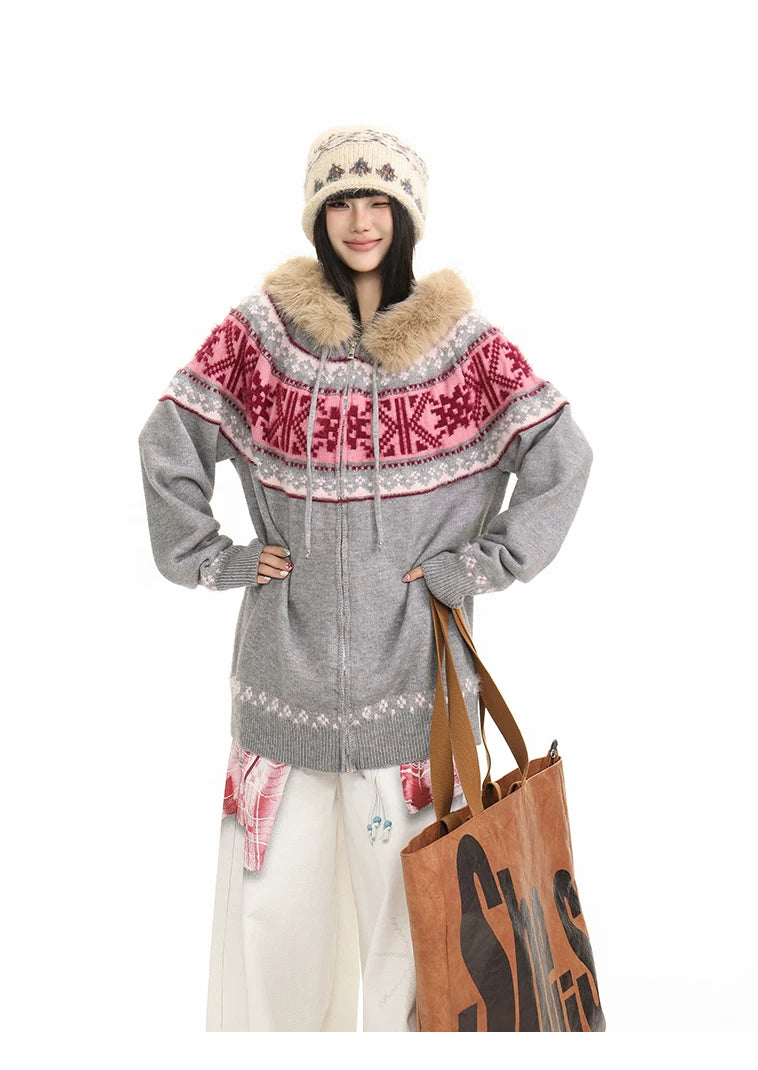Fur Collar Fair Isle Hooded Knit Cardigan