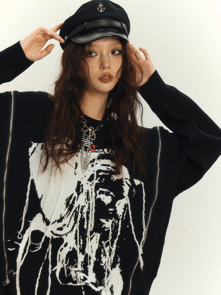 Zipper Design Oversize Knit Sweater