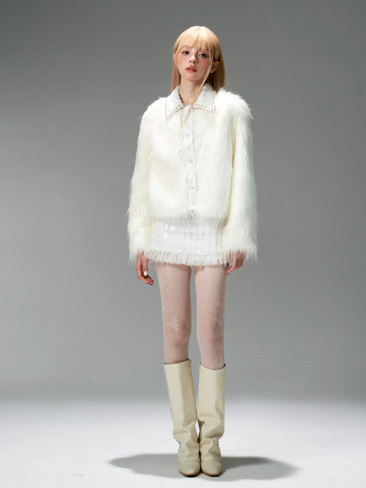 Eco Fur Warm Jacket & Short Skirt & Long Skirt Setup