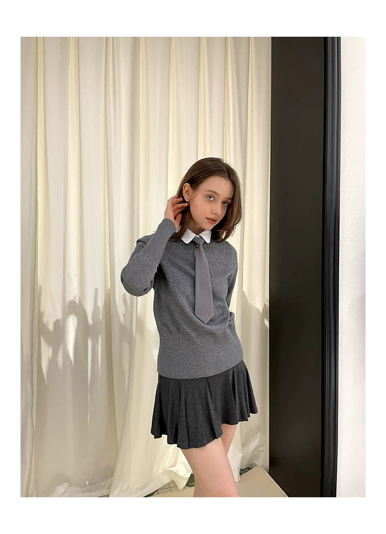 Collar Knit Sweater & Pleats Short Skirt Setup