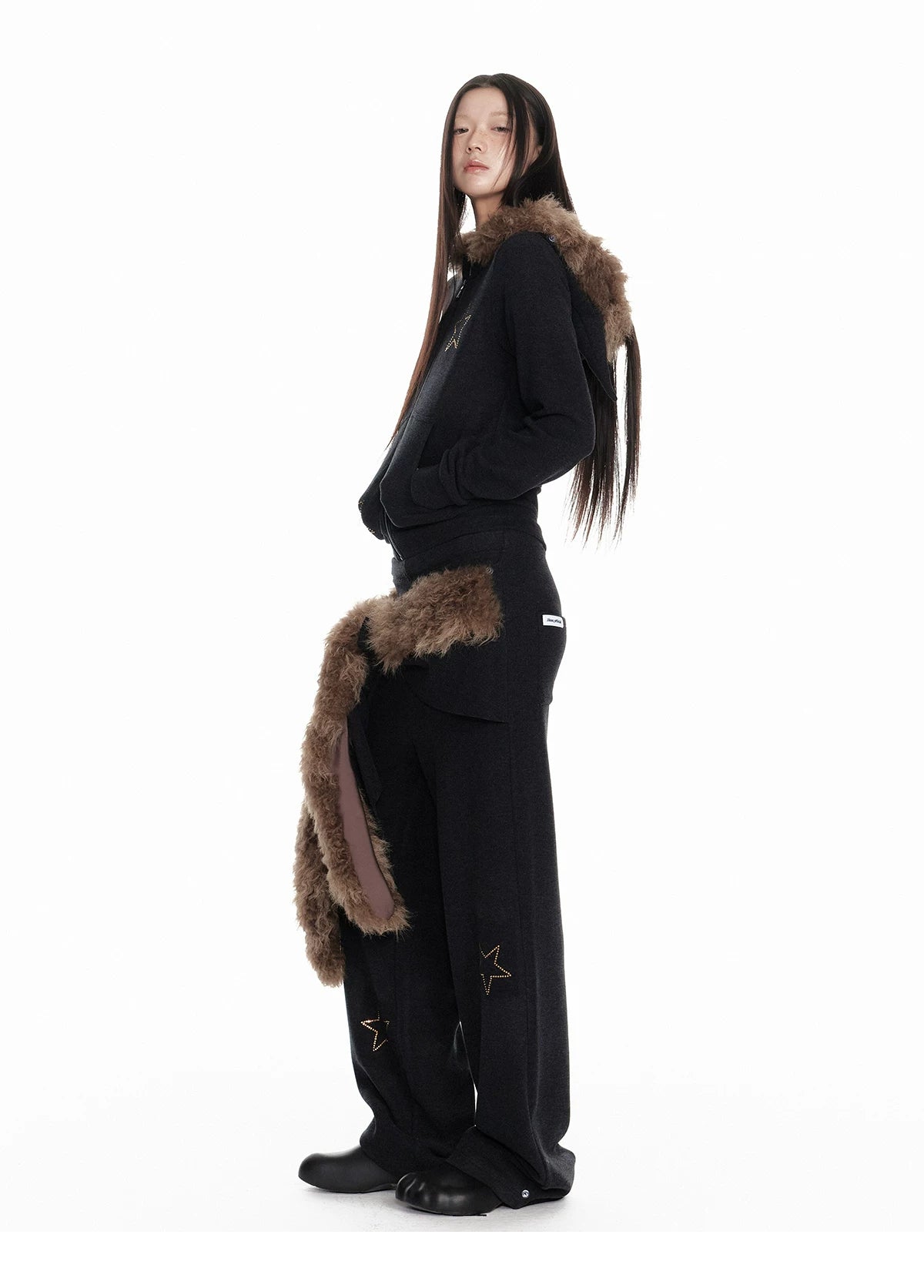 Horn Fur Collar Fuzzy Zipper Hoodie & Wide-Leg Pants Setup