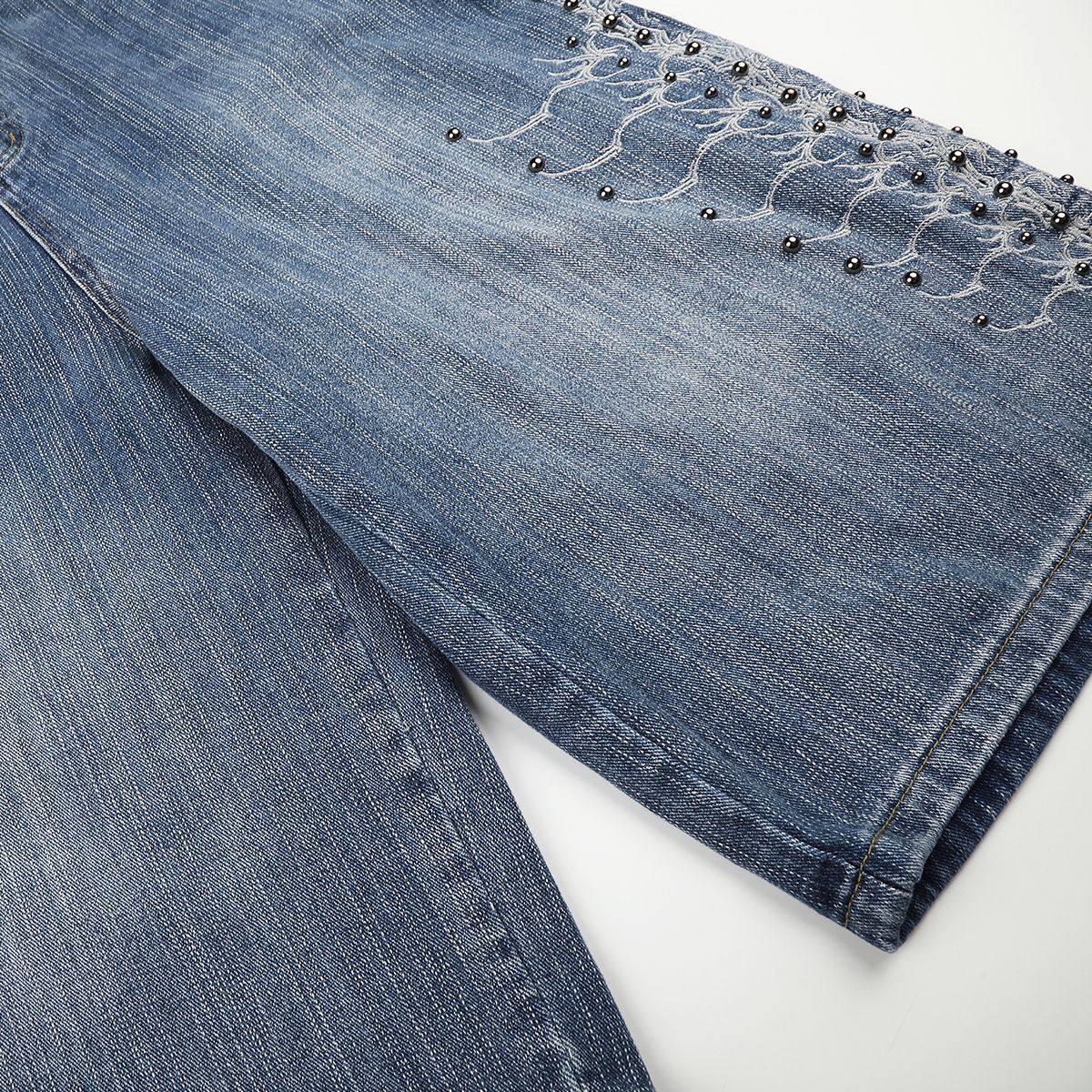 Embroidery Bead Wide Leg Short Denim Pants