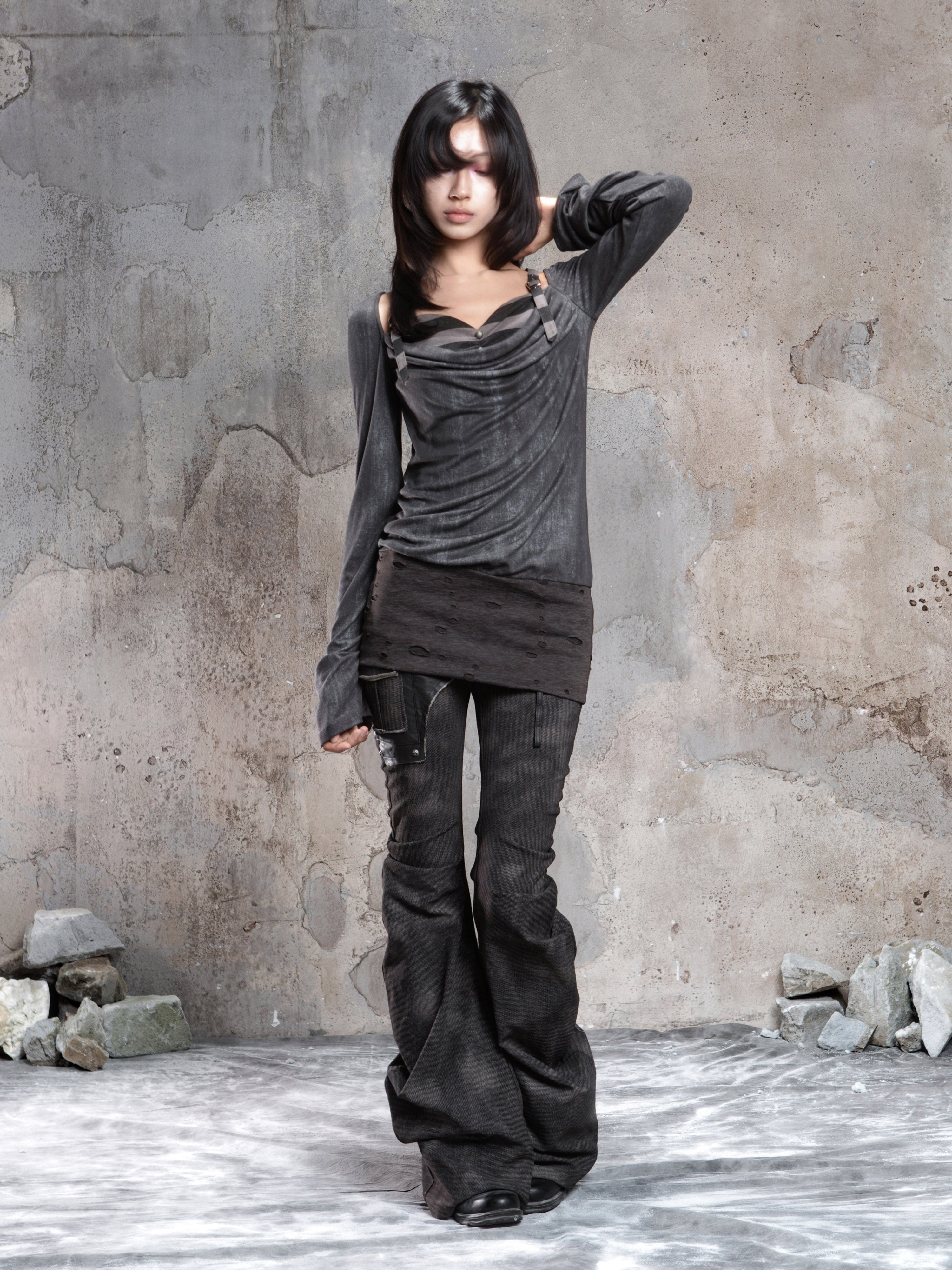 Fake Two-Piece Draped Pleated Mid- Length Slimming Long Sleeve T-Shirts