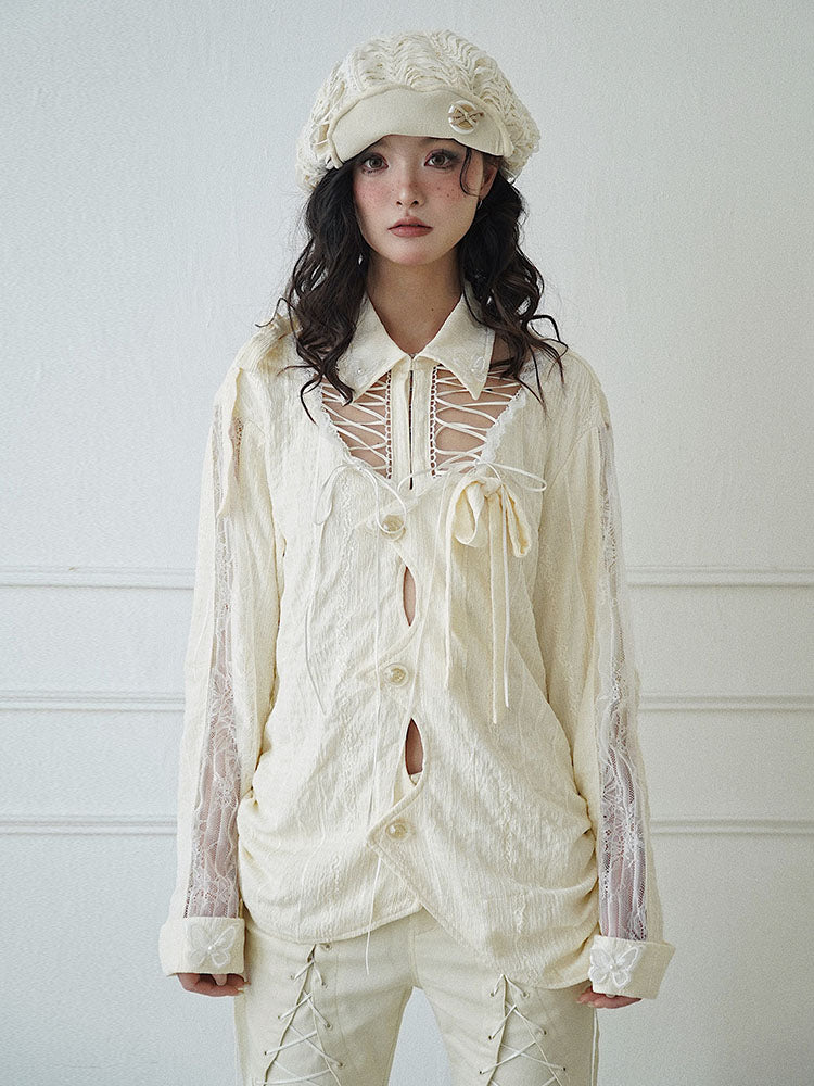 Textured Hollow-Out Tie-Strap Long Sleeve Shirt