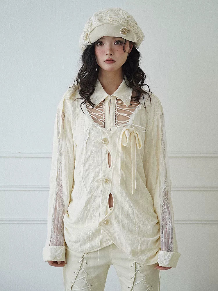Textured Hollow-Out Tie-Strap Long Sleeve Shirt
