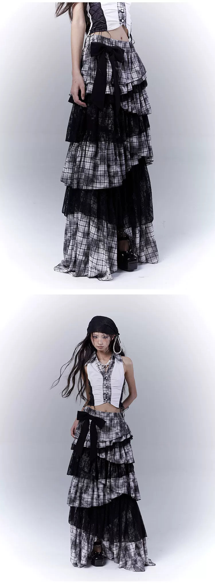 Lace Plaid Tiered Asymmetric Skirt