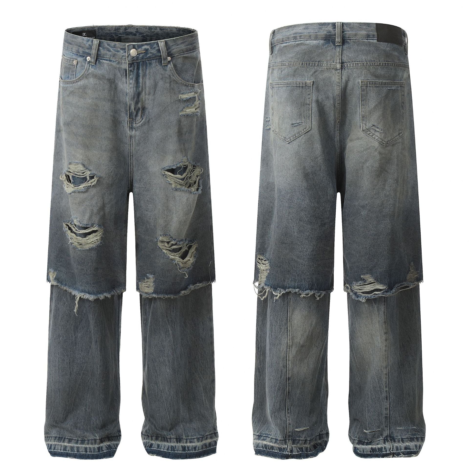 Fake Layered Damage Wide Leg Denim Jeans