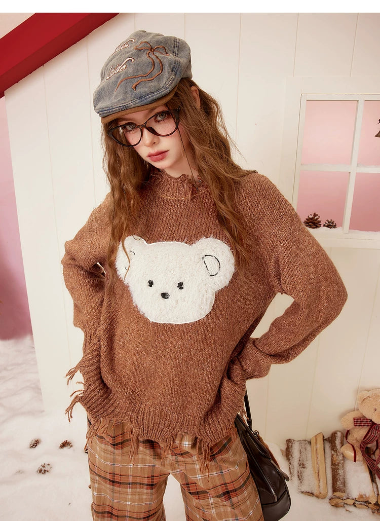 Bear Design Fringe Knit Sweater