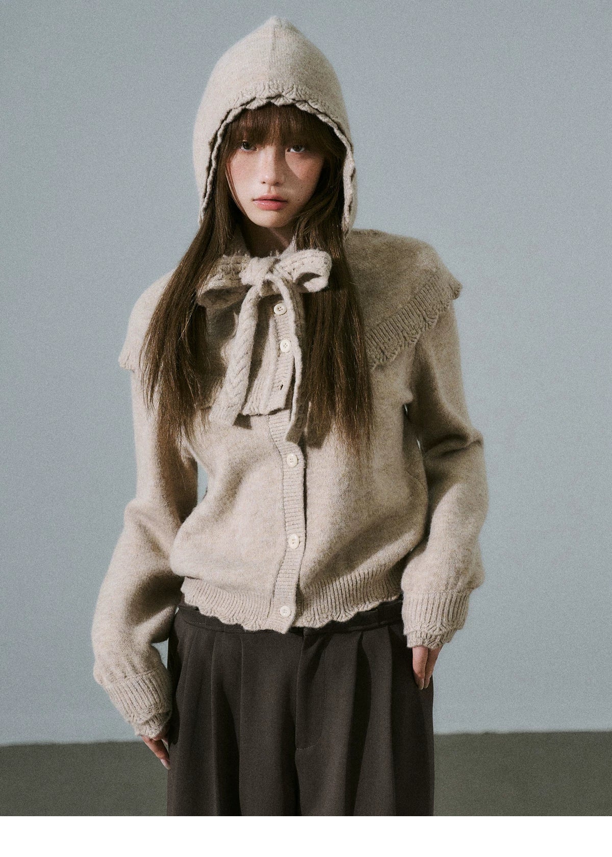 Ruffled Collar And Bow Detail Knit Cardigan