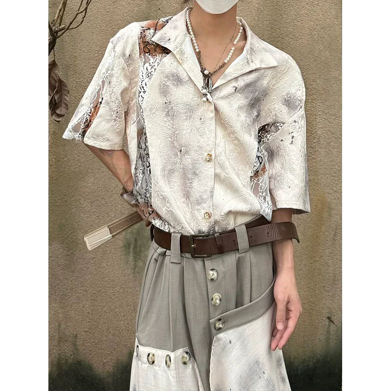 Chinese Style Jacquard Hollow Texture Stand Neck Short Sleeve Shirt
