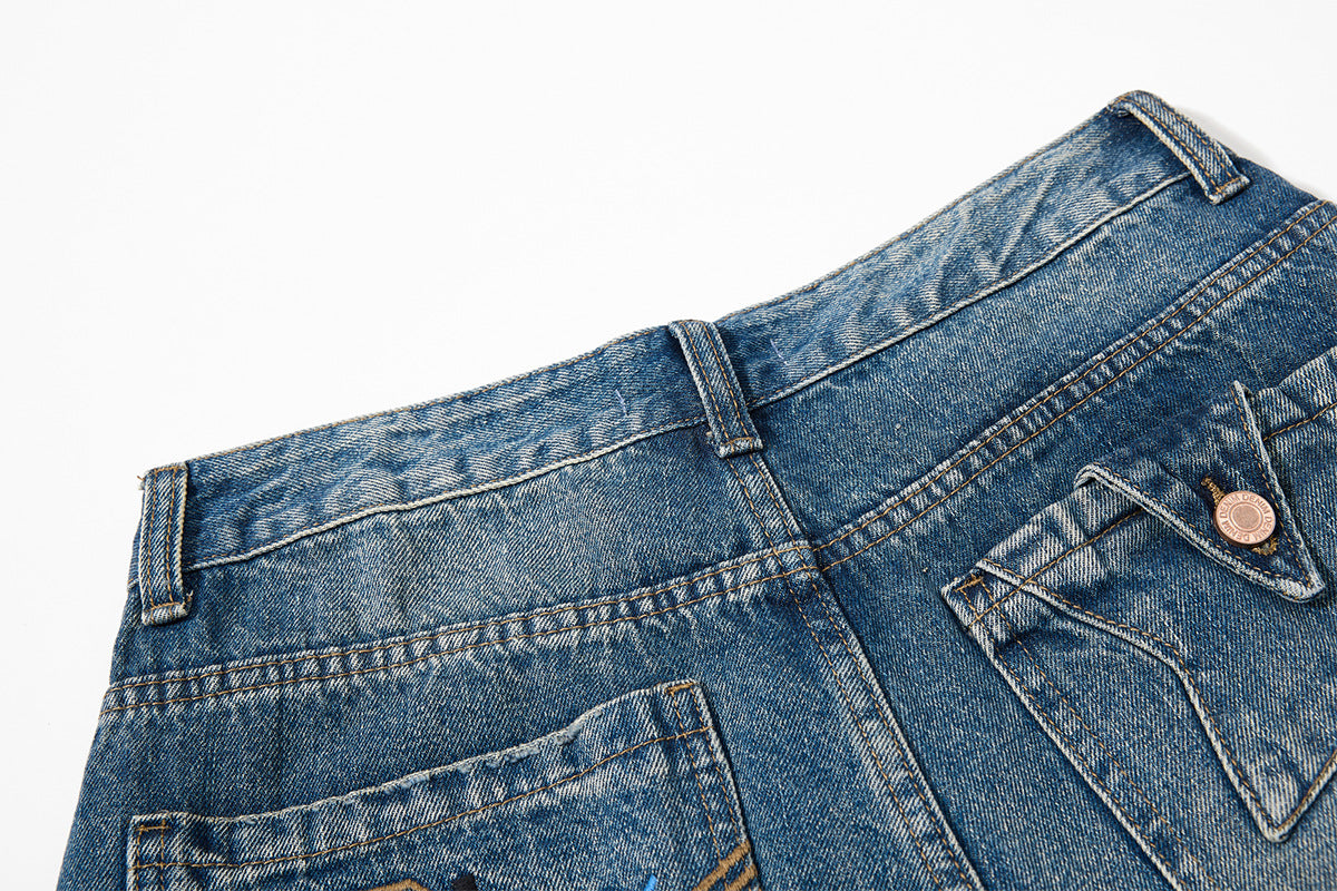 Embroidery Curved Wide Leg Denim Jeans