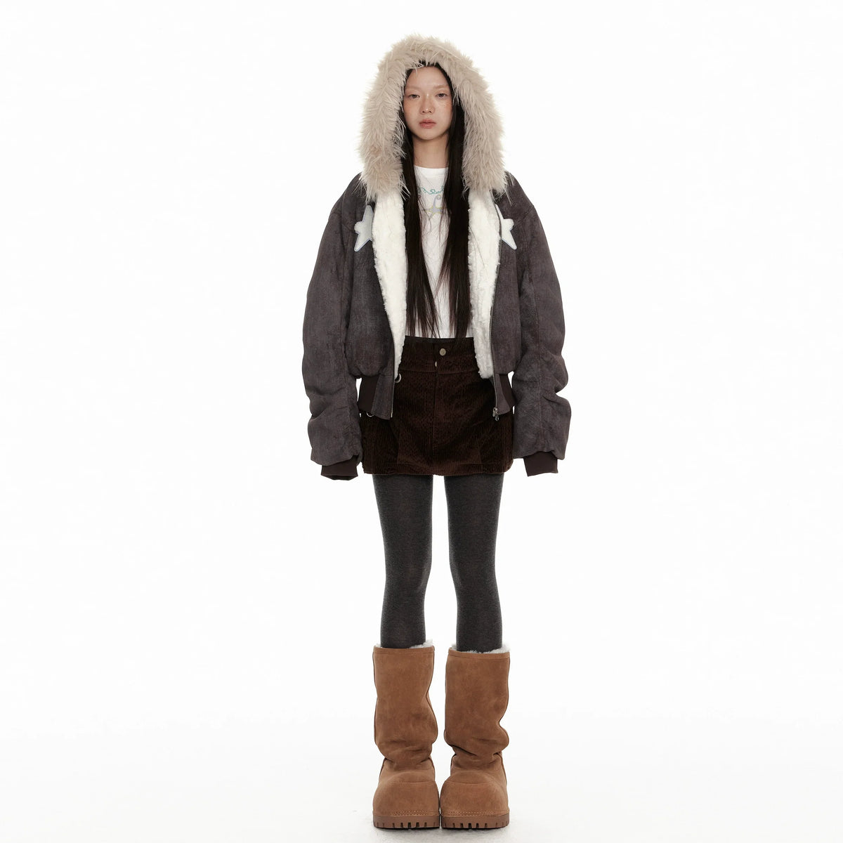 Fur Trim Patchwork Hooded Puffer Jacket