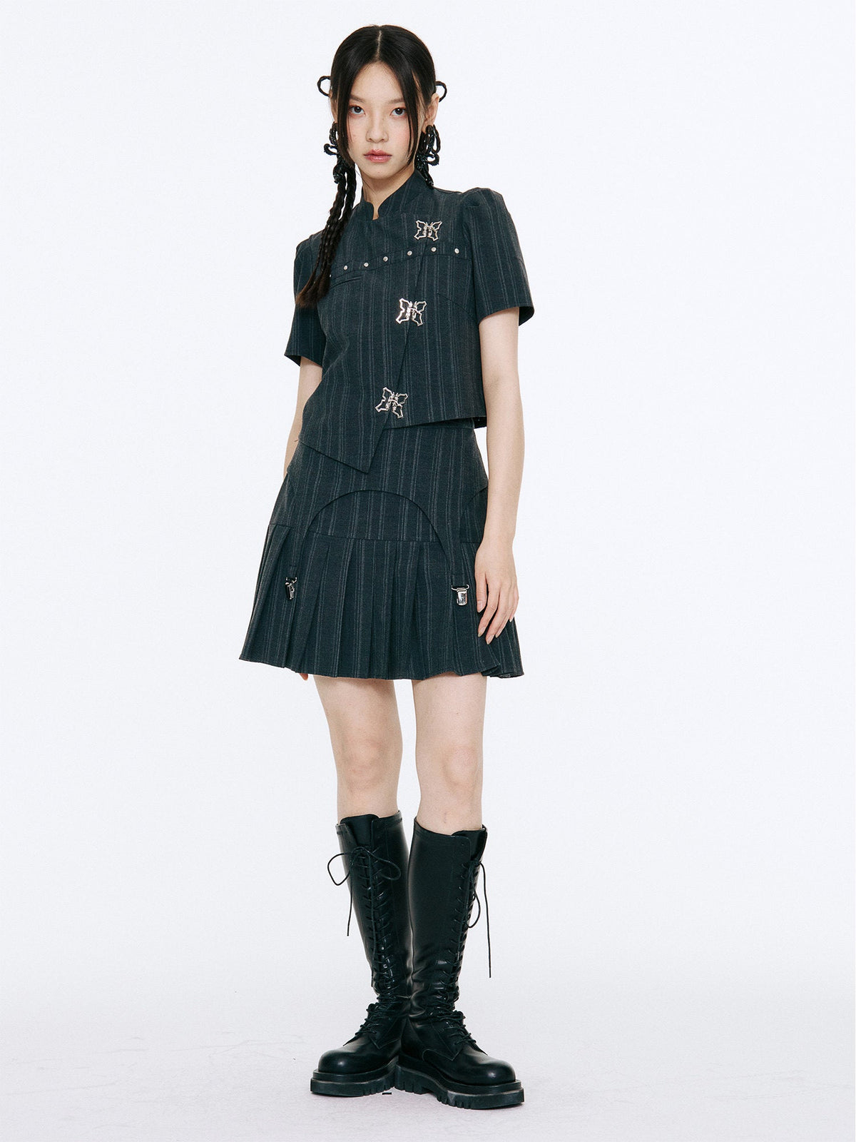 Bow Detail Pinstripe Cropped Shirt & Pleated Skirt Setup