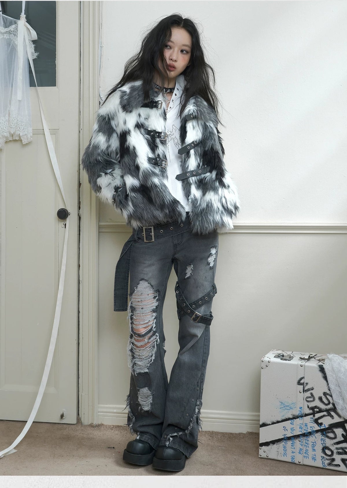 Studded Black And White Fake Fur Short Jacket