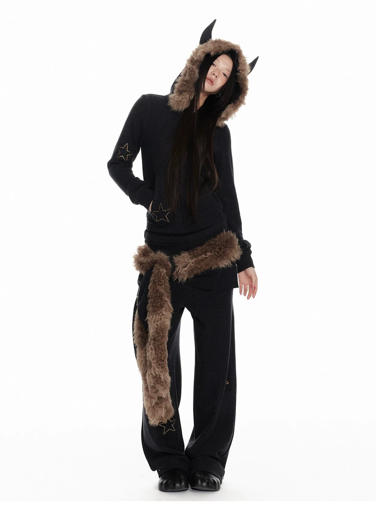 Horn Fur Collar Fuzzy Zipper Hoodie & Wide-Leg Pants Setup