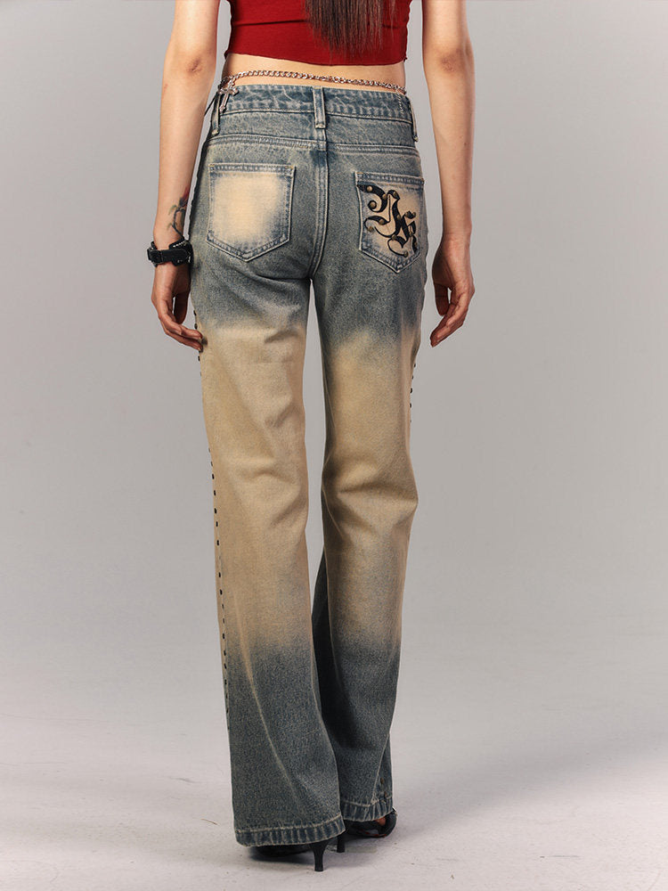 Washed Gradient Studs Detail Flare Denim Jeans
