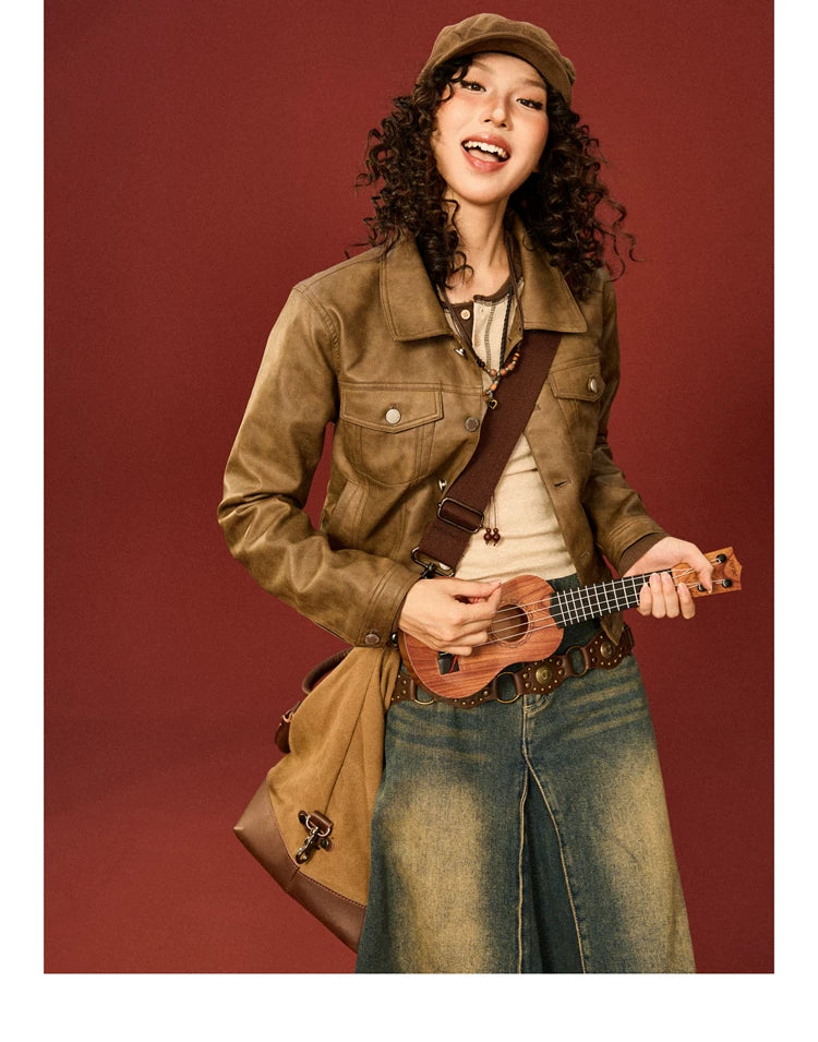 PU Leather Standing-Collar Short Jacket