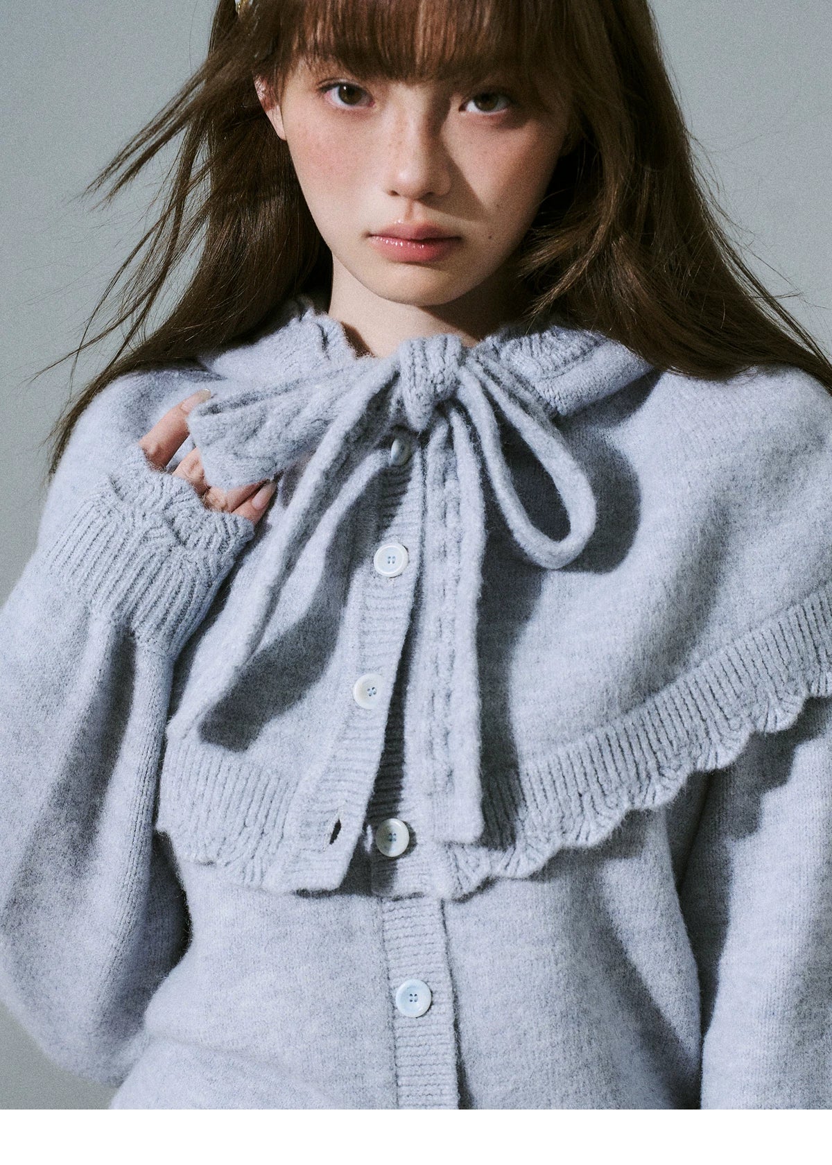Ruffled Collar And Bow Detail Knit Cardigan