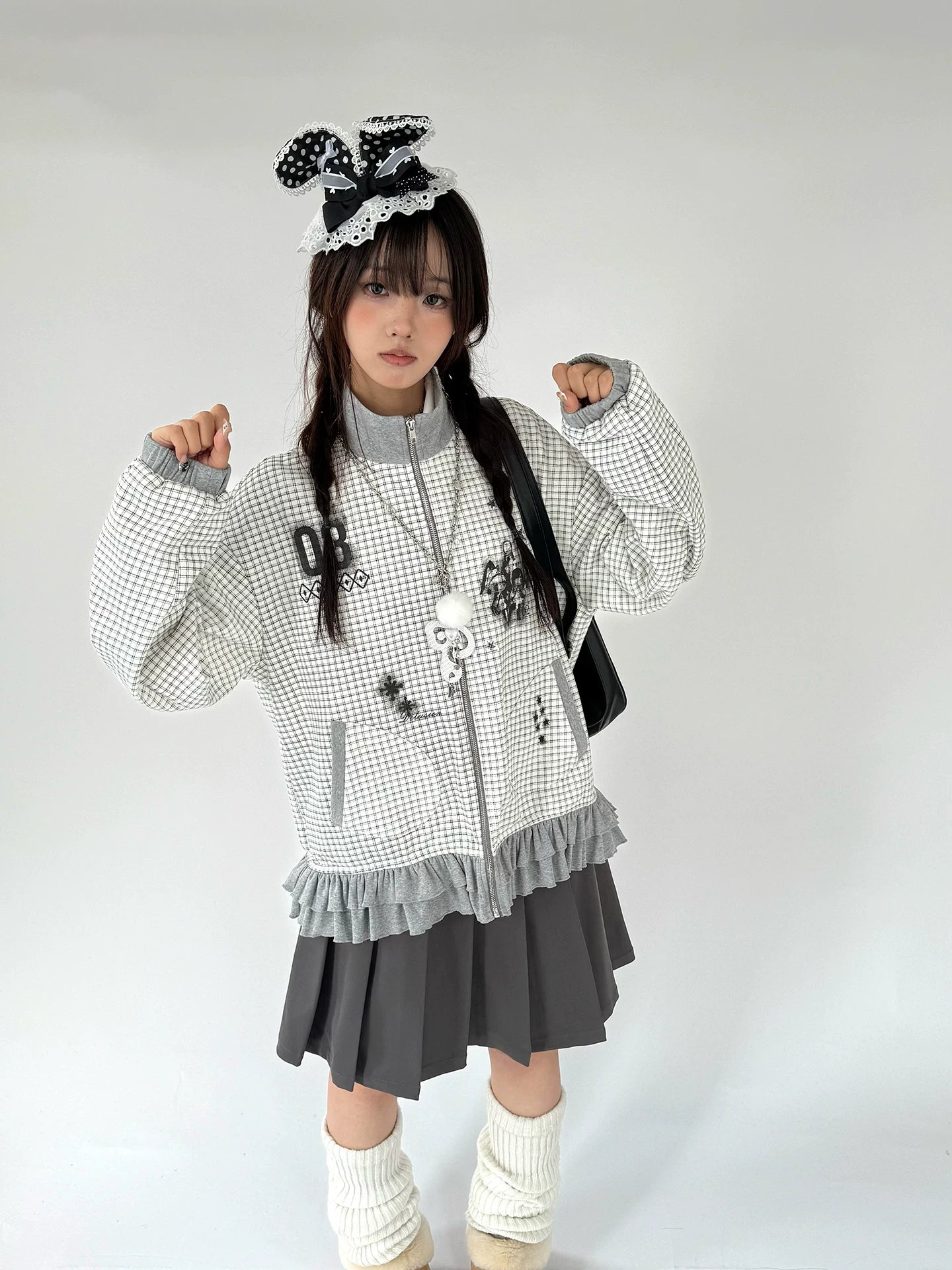 Checkered Ruffle Hem Oversize Zipper Hoodie