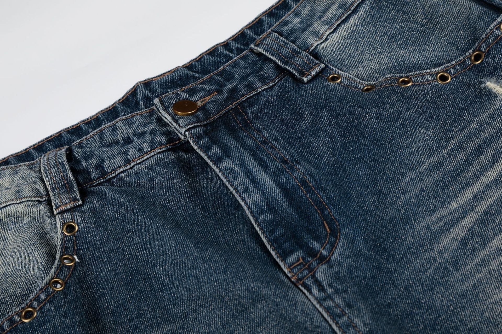 Wash Rivet Damage Wide Leg Denim Jeans