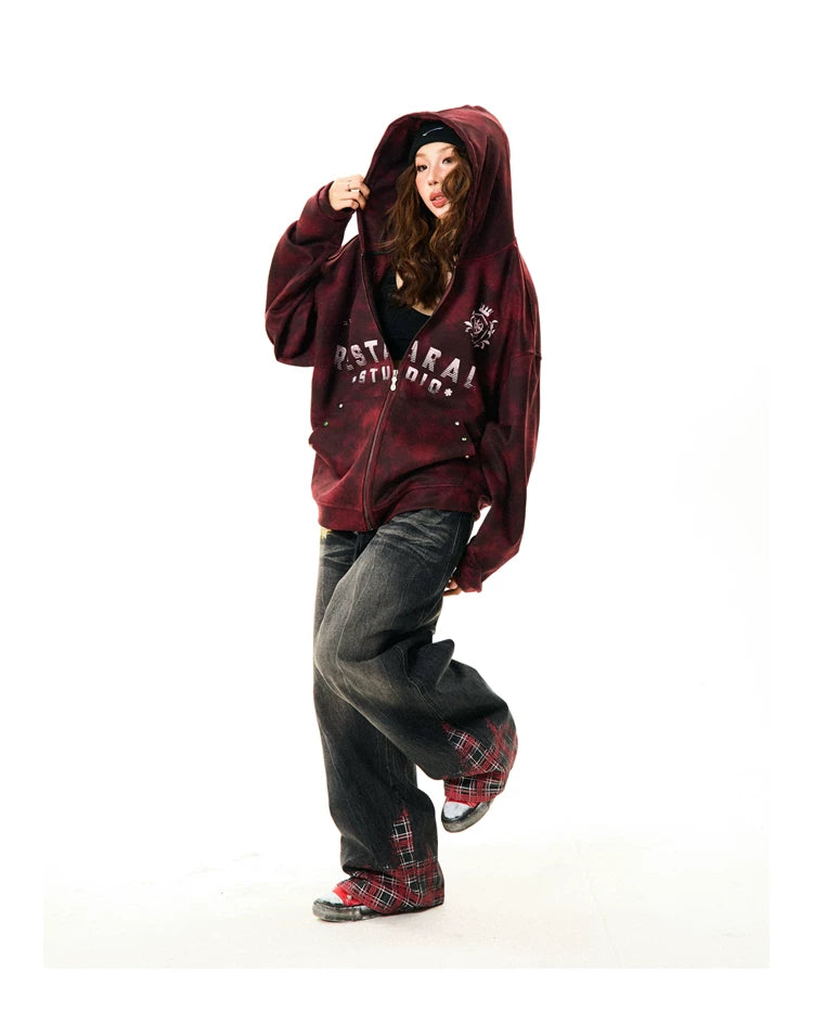 Tie-Dye Letter Print Oversize Zipper Hoodie
