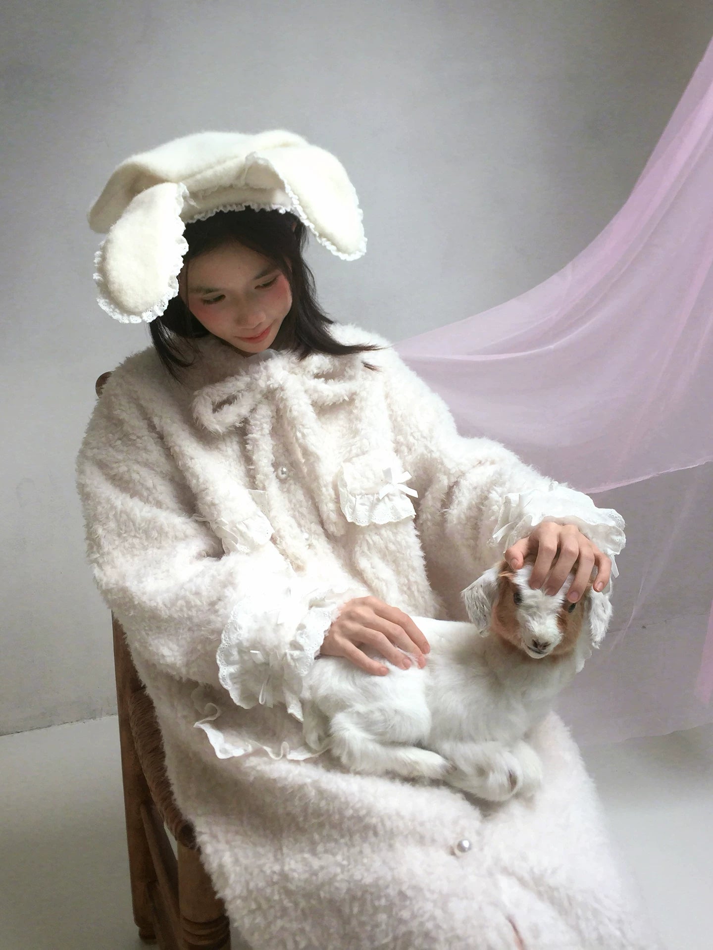 Plush Bow Ruffle Long Coat