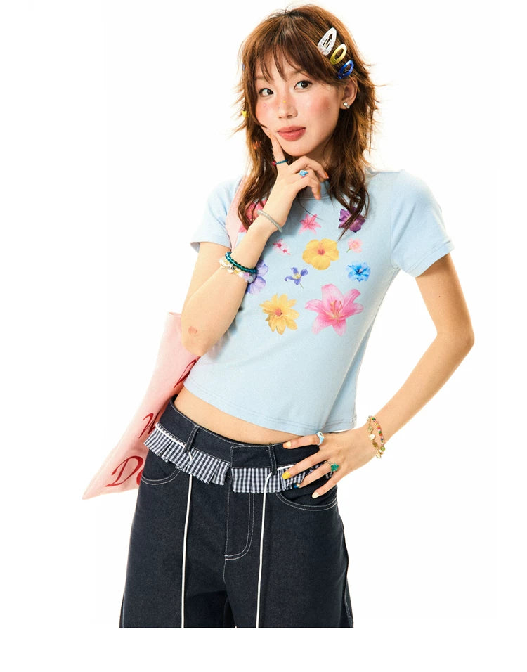 Flower Print Cropped Short Sleeve T-Shirt