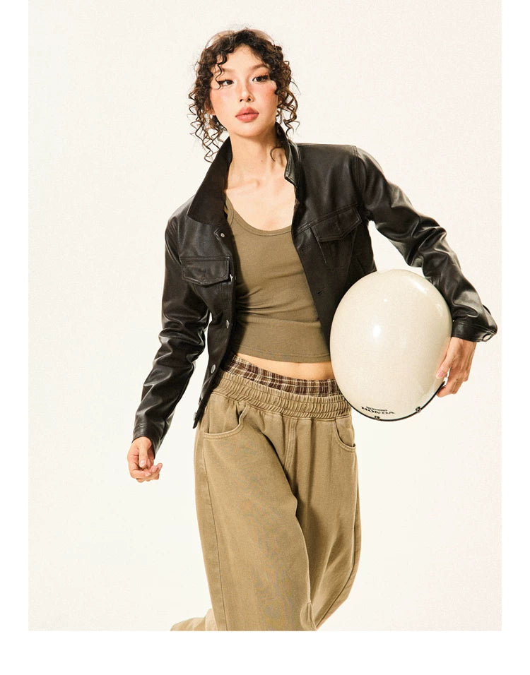 PU Leather Standing-Collar Short Jacket