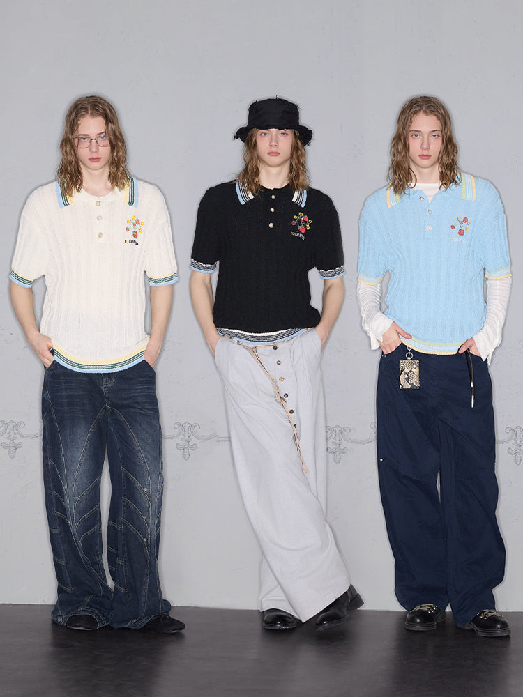 Stripe Glossy Button Embroidery Short Sleeve Polo Shirt