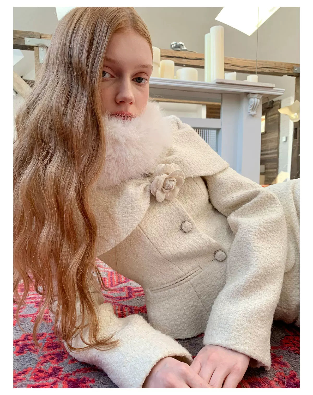 Short Tweed Jacket & Tweed Short Skirt & Tweed Fishtail Long Skirt & Fur Scarf Setup