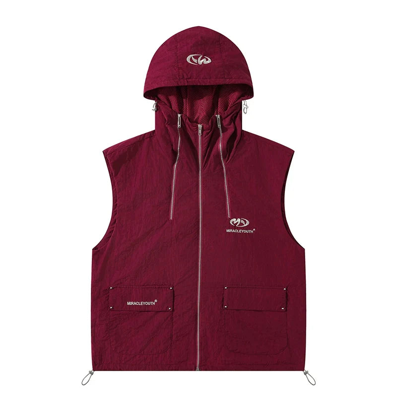 Embroidery Zipper Hooded Vest