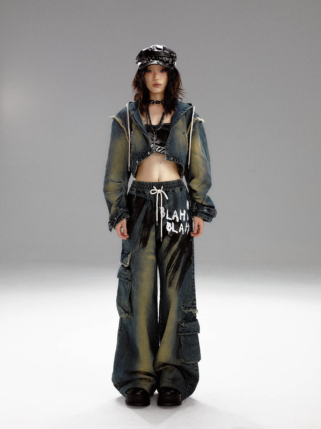 Washed Graffiti Wide-Leg Straight Dnim Jeans