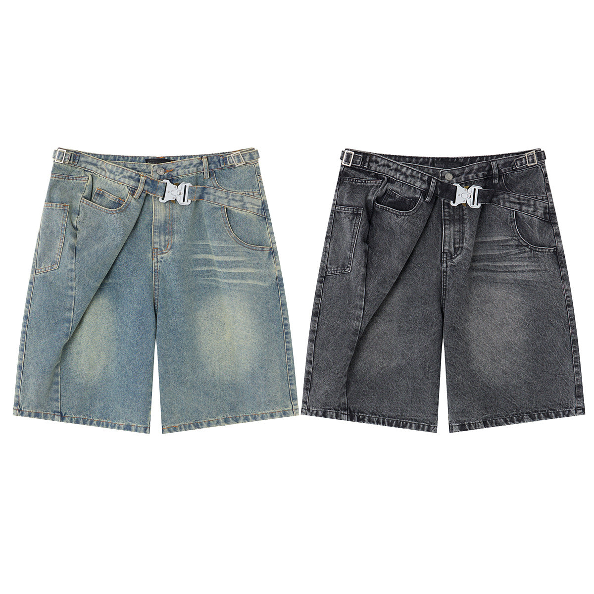 Washed Whisker Metal Buckle Denim Jort