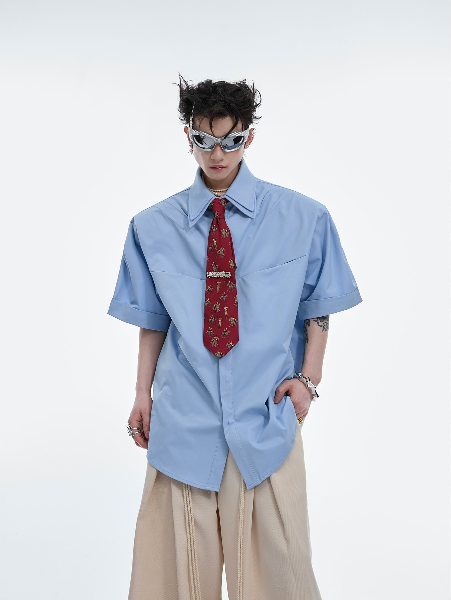 Double Layered Collar Shoulder Pads Plan Shirt