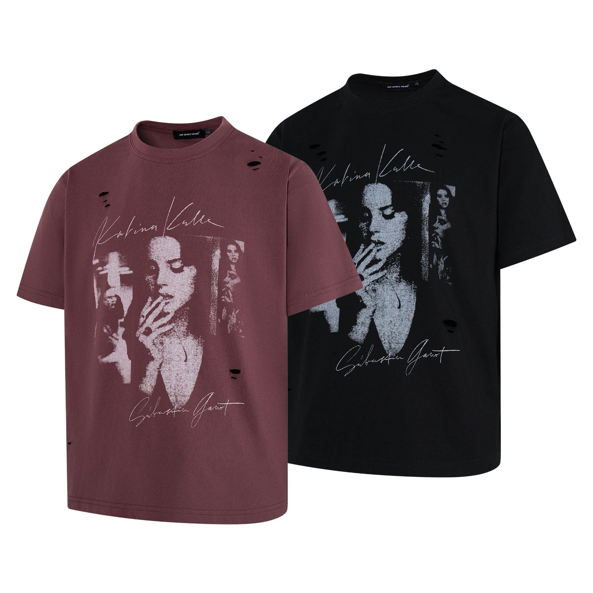 Damage Portrait Print Short Sleeve T-Shirt
