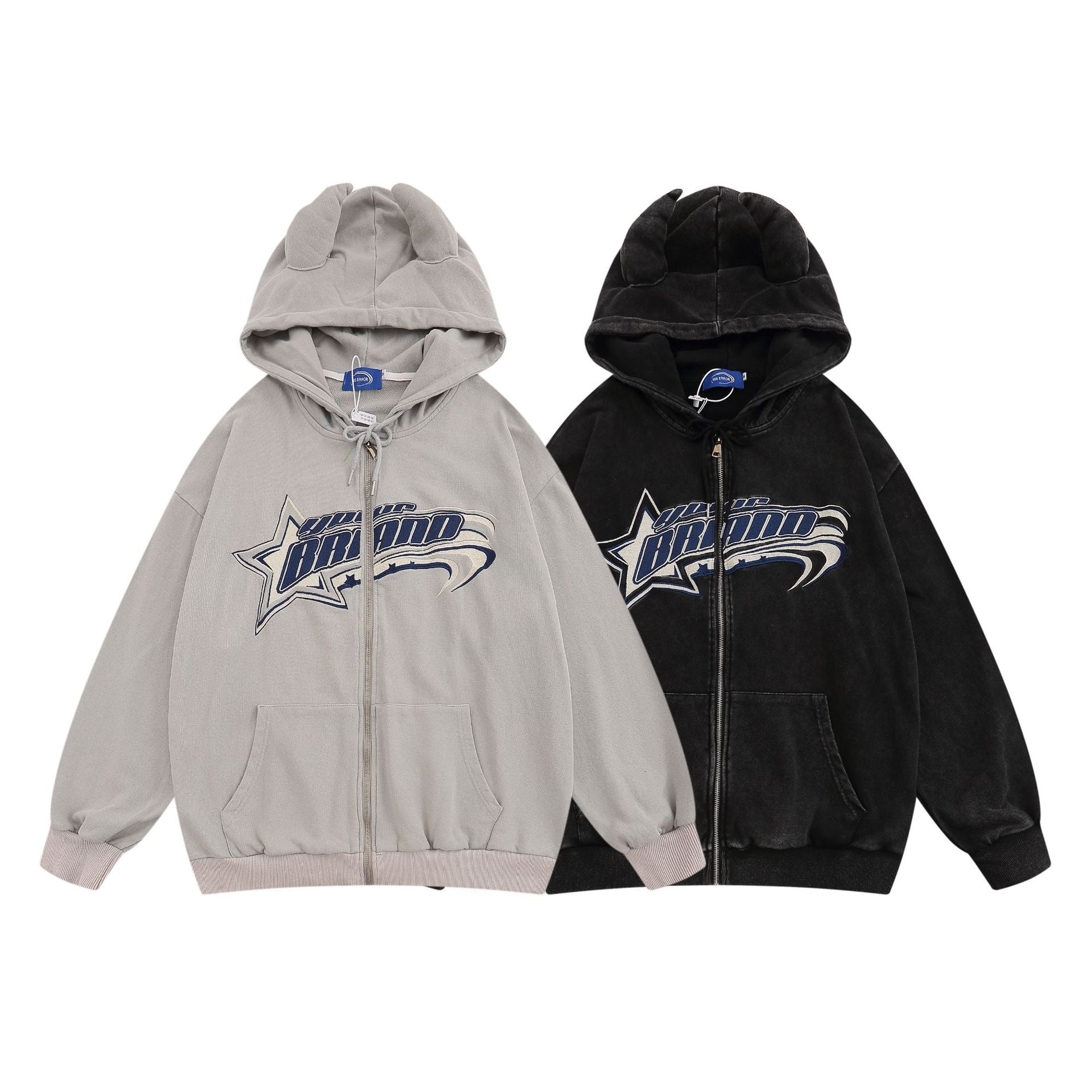 Letter Embroidery Washed Zipper Hoodie