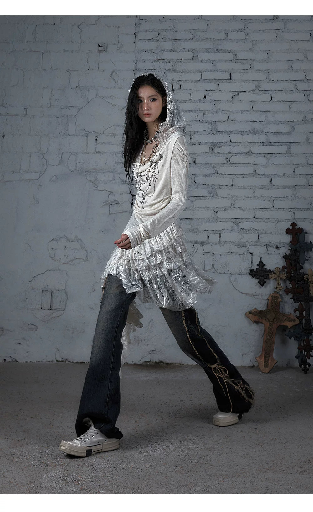 Lace Hooded Asymmetric Ruffle Dress