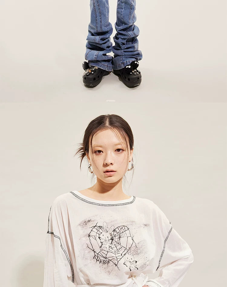 Hand-Drawn Rabbit Print Long Sleeve T-Shirt