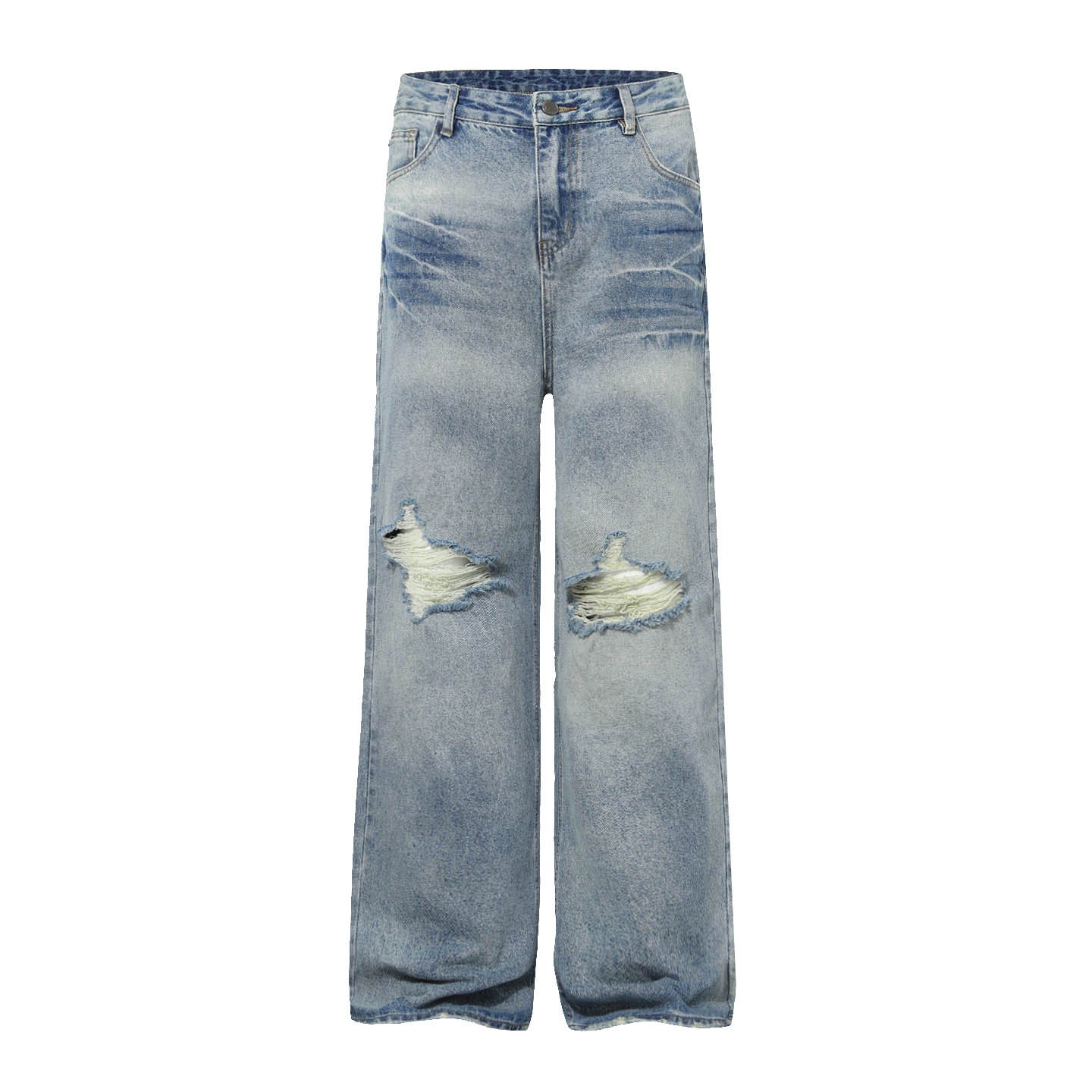 Washed Whisker Damage Wide Leg Denim Jeans