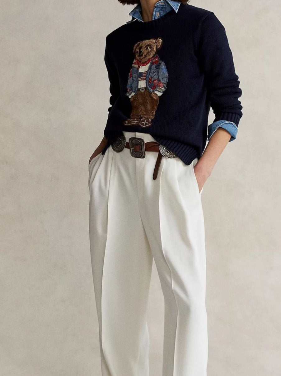 Schwerer Baumwollpullover mit Bärenmotiv und Rundhalsausschnitt