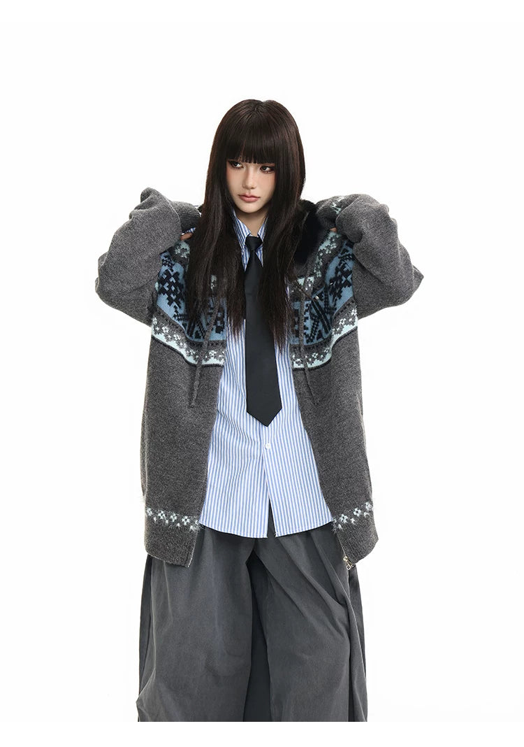 Fur Collar Fair Isle Hooded Knit Cardigan
