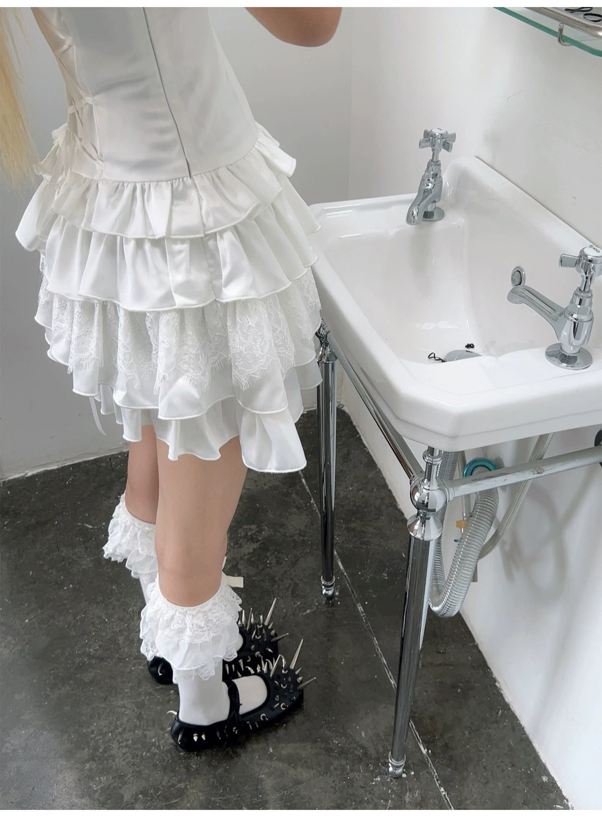 Graffiti Print Satin Lace-Up Ruffled Layered Dress
