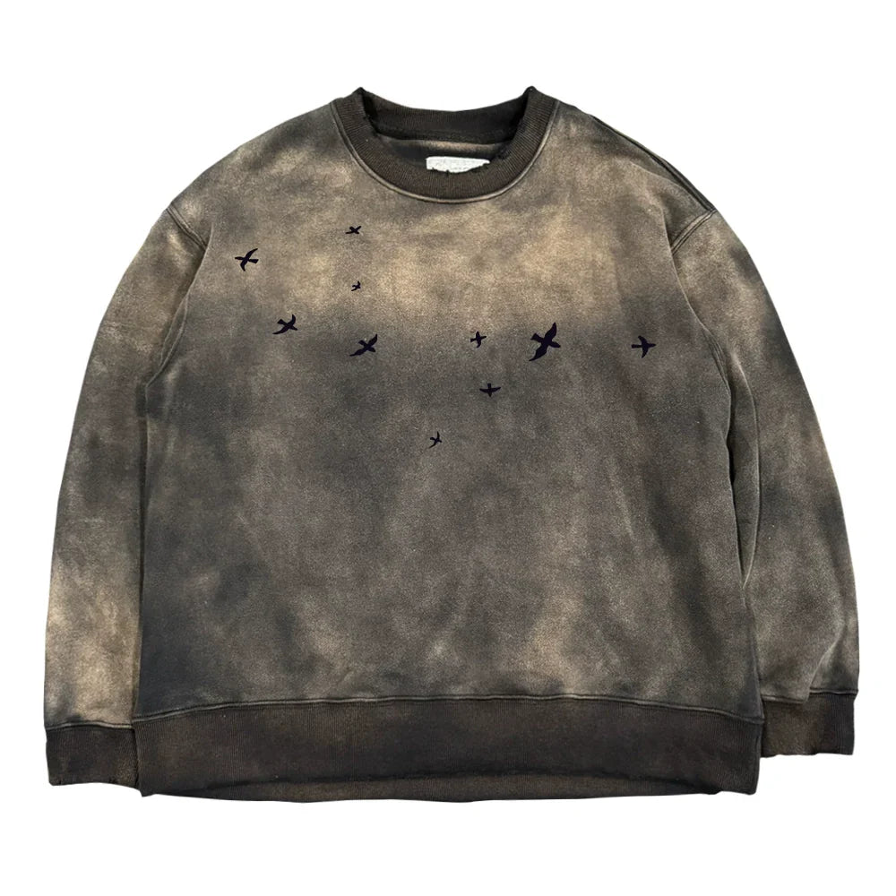 Graffiti Pigeon Print Washed Heavyweight Sweatshirt