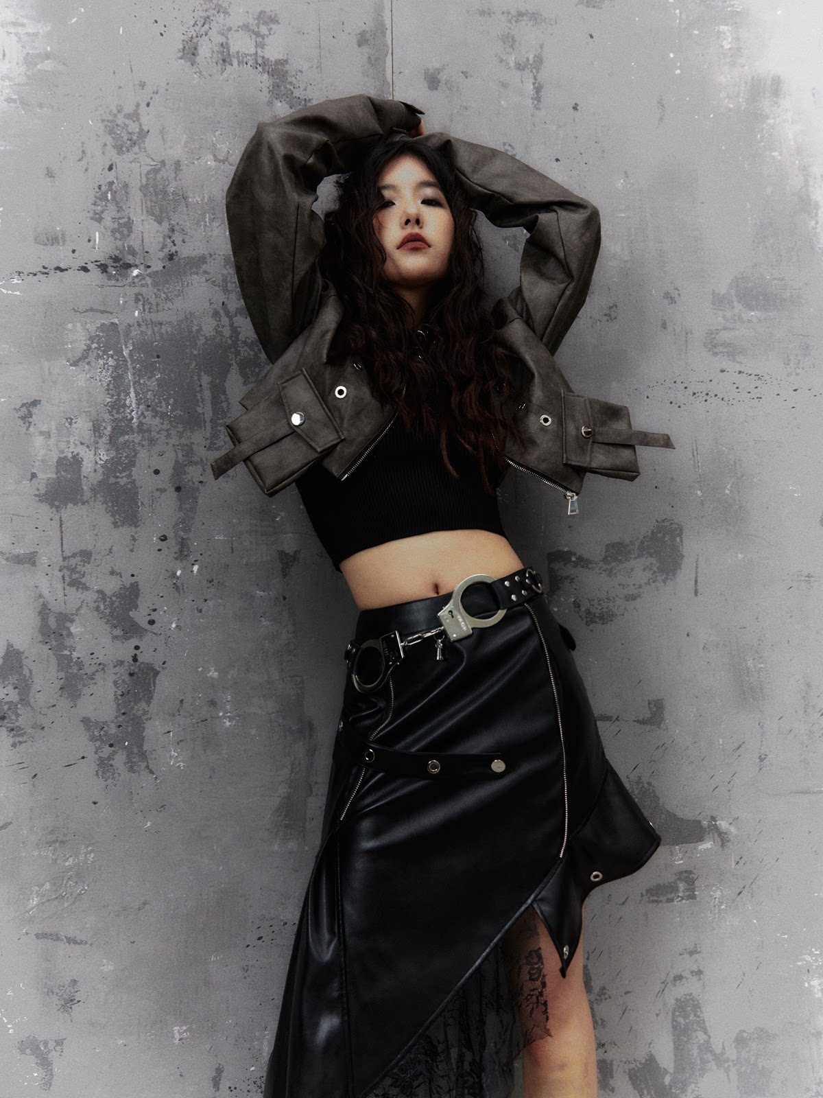 Asymmetric PU Leather Mesh Patchwork Skirt