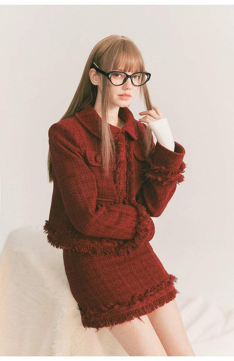 Round Collar Tweed Jacket & A-Line Tweed Skirt Setup