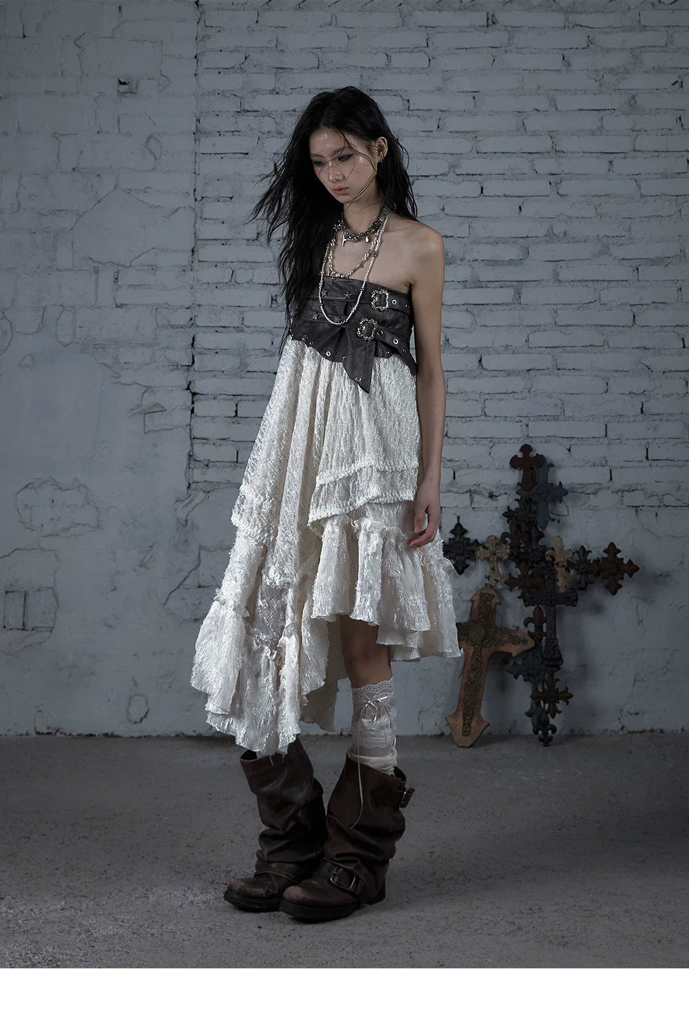 Asymmetric Lace Layered Belt Detail Skirt
