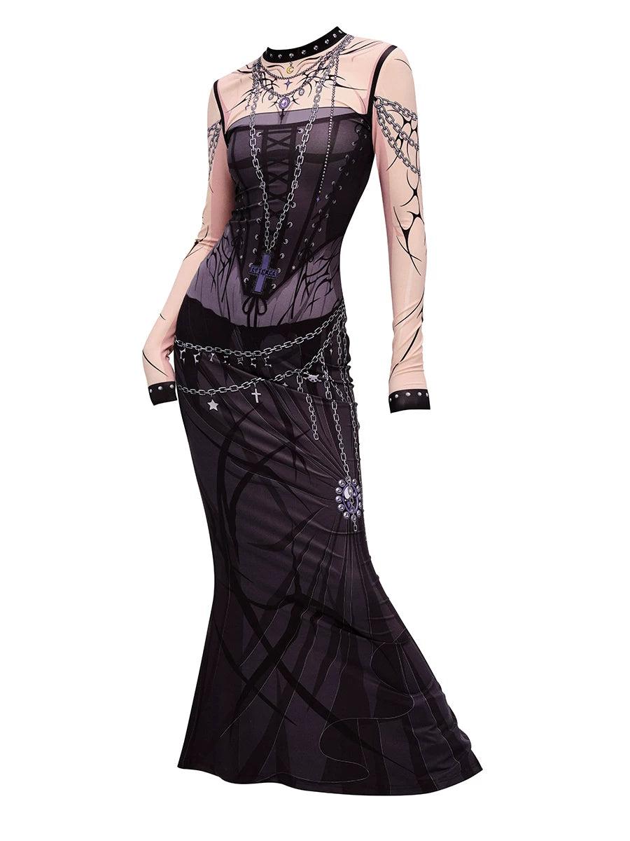 Vestido de sirena de manga larga con estampado de grafiti