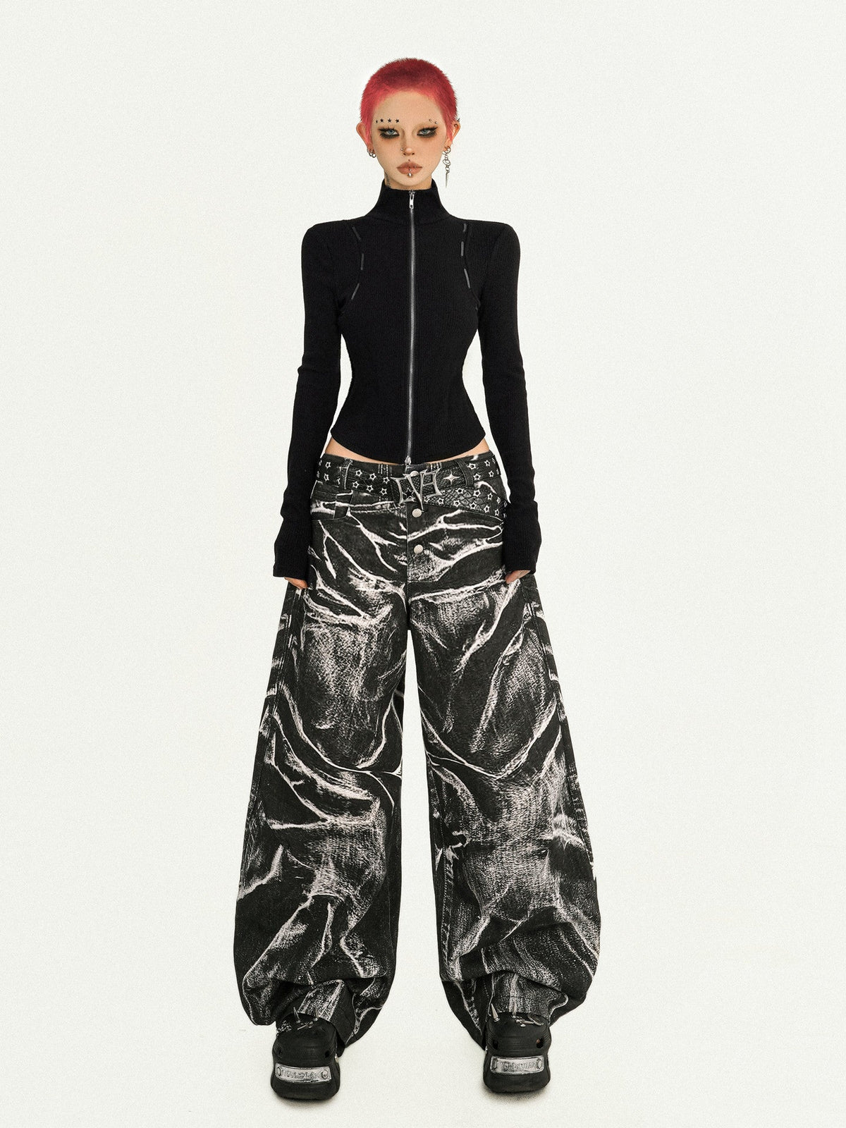 Ripple Pattern Design Wide Leg Denim Jeans