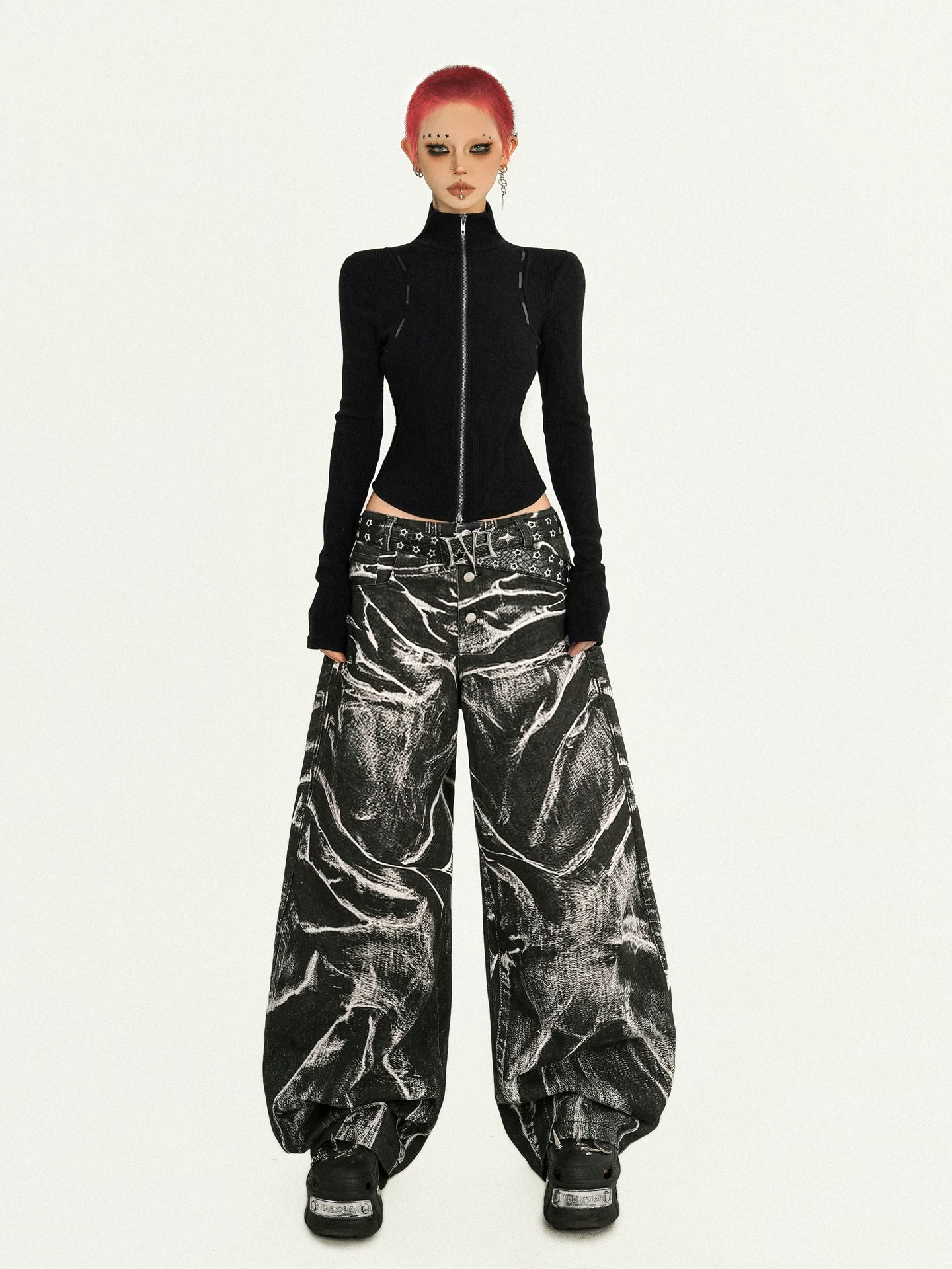 Ripple Pattern Design Wide Leg Denim Jeans